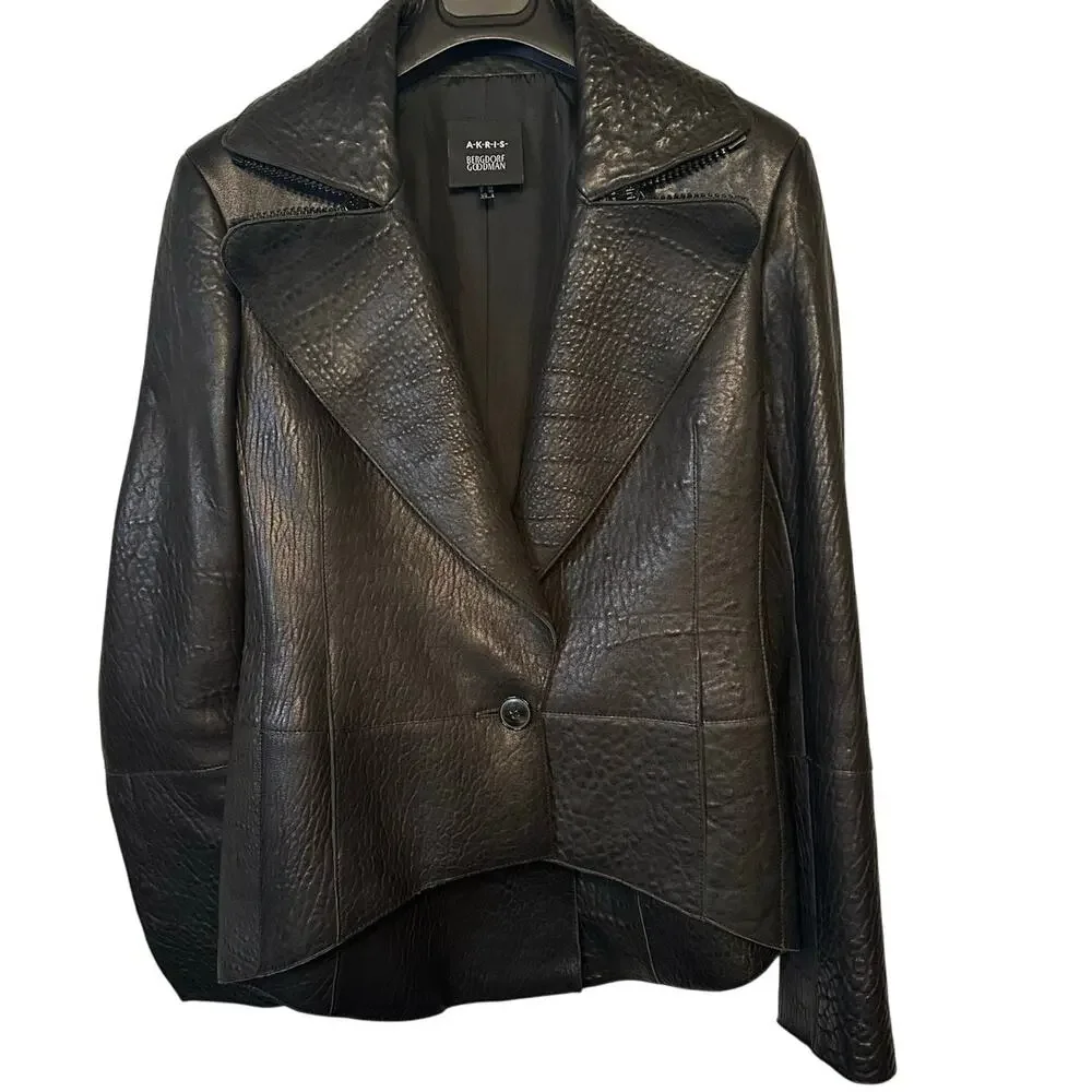 Vintage Akris Bergdorf Croc Embossed Goat Suede Leather Jacket size US 4 Hi-low